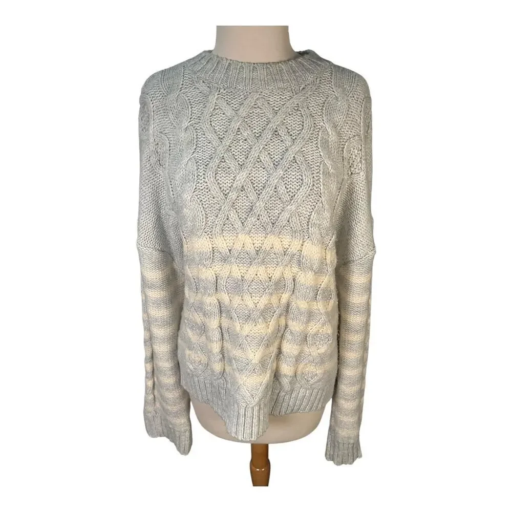 American Eagle Cable Knit Sweater XL Gray Cream Striped Chunky Crewneck Pullover